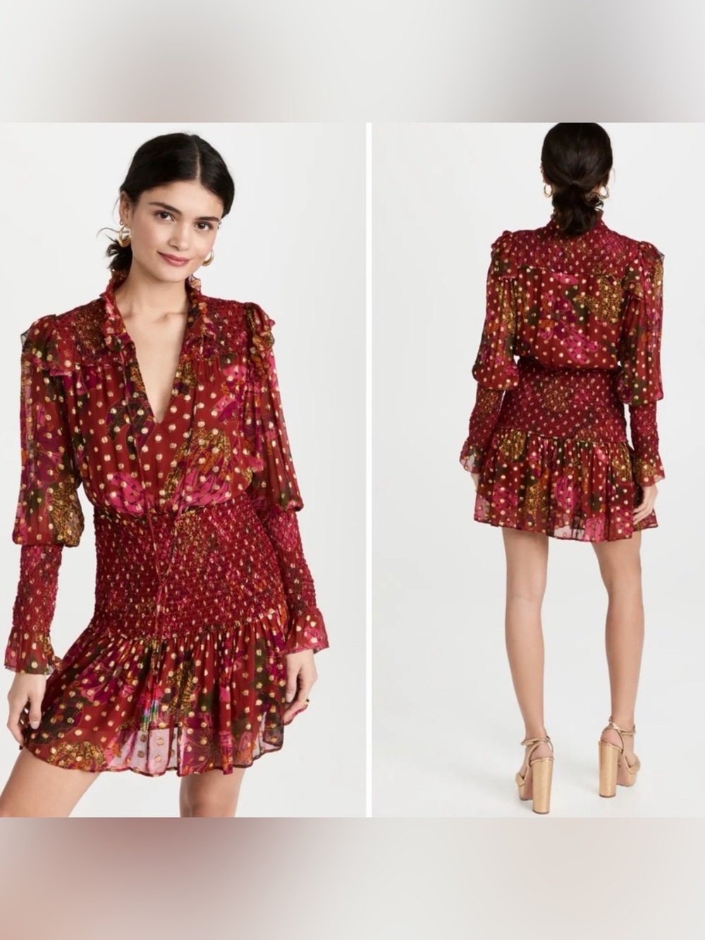 Farm Rio Banana Flowers Mini Dress Long Sleeve Ruffled Maroon Gold Size Medium - Picture 2 of 15